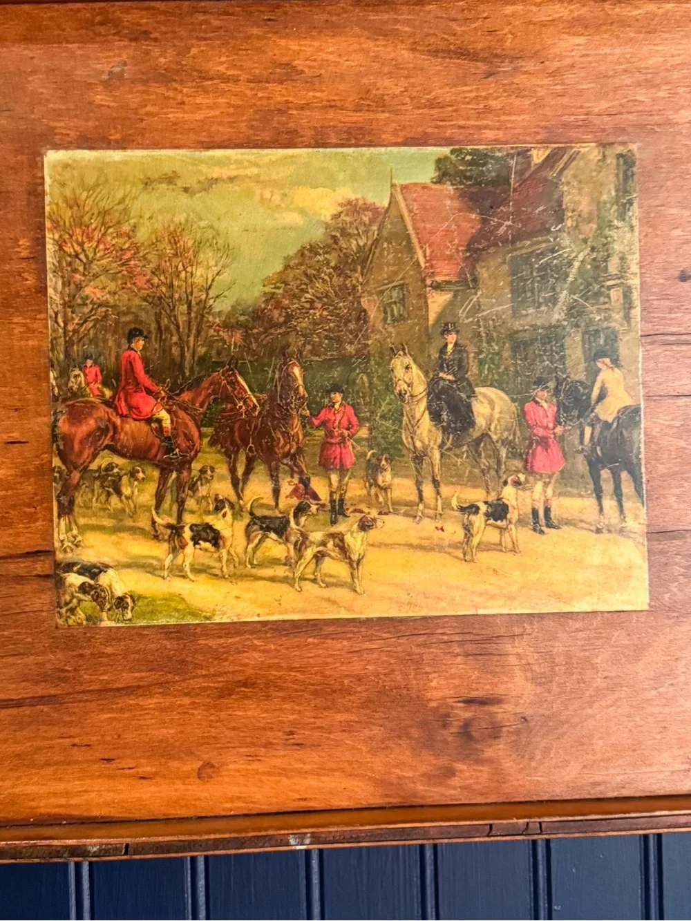 Vintage Wooden Fox Hunt Scene Tray — Large Equestrian Serving Tray